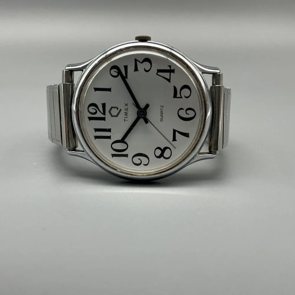 Vintage Timex Q Mens Watch 33mm White Dial Silver Stone Stretch New Battery